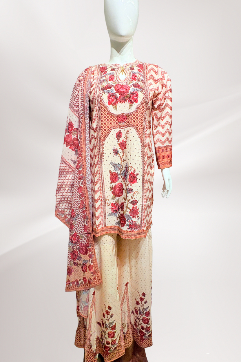 Peach Floral Printed Ethnic Suit Set with Dupatta