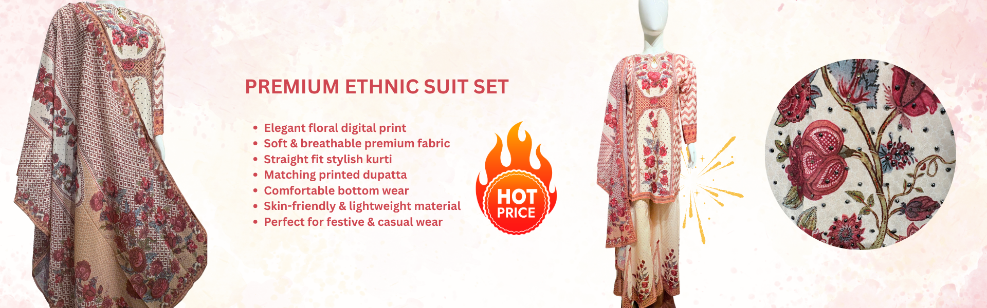 Peach Floral Printed Ethnic Suit Set with Dupatta