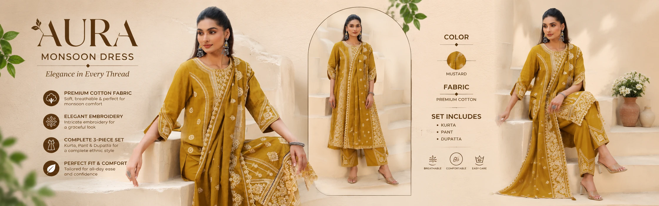 AURA Women's Mustard Embroidered Kurta Palazzo Set with Dupatta