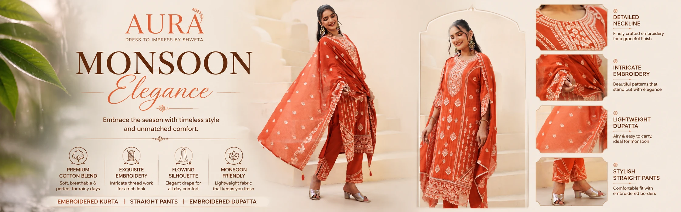 Orange Embroidered Cotton Kurta Set with Dupatta