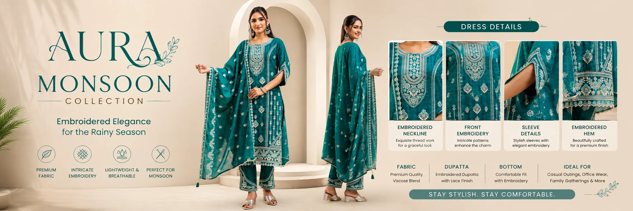 AURA Teal Embroidered Premium Kurta Pant Dupatta Set