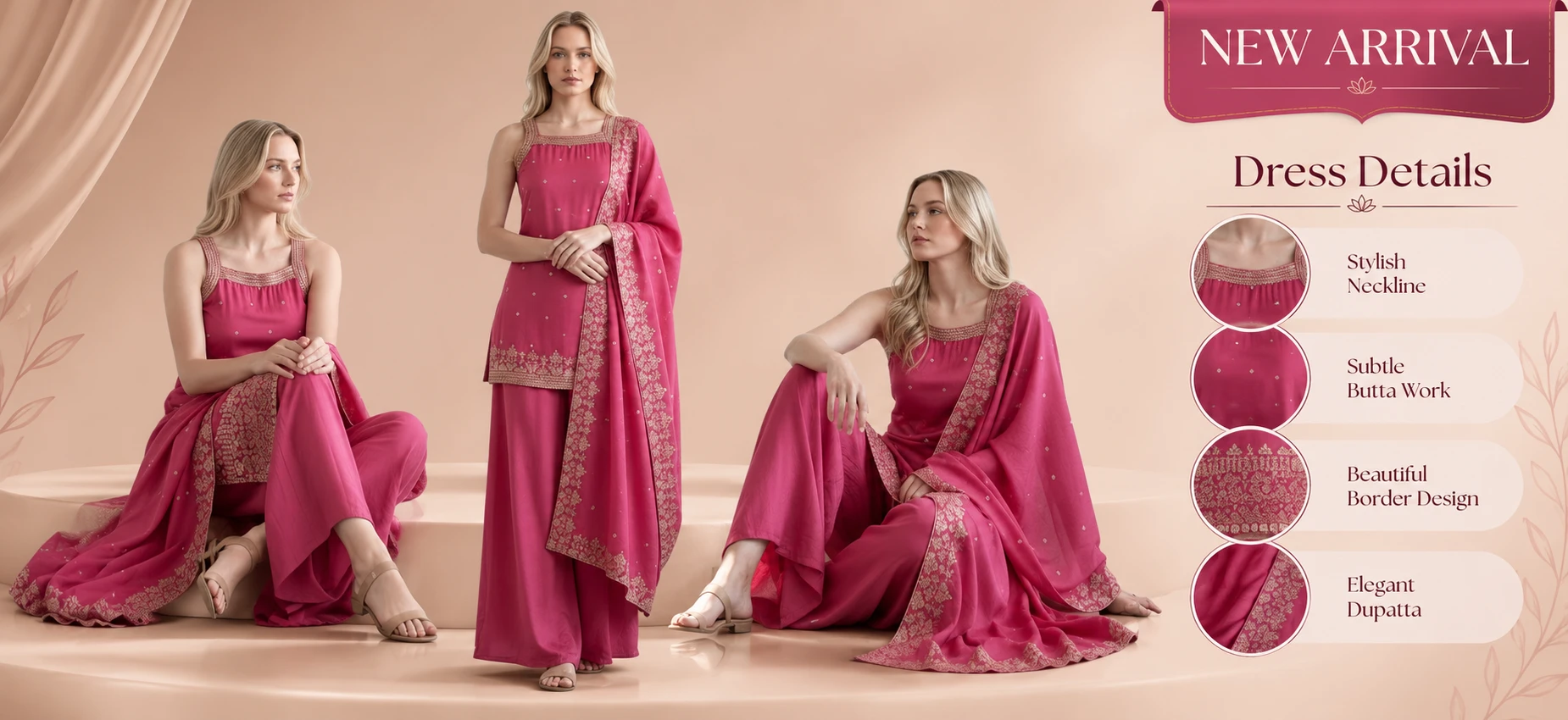 Pink Embroidered Kurti Set with Sharara & Dupatta