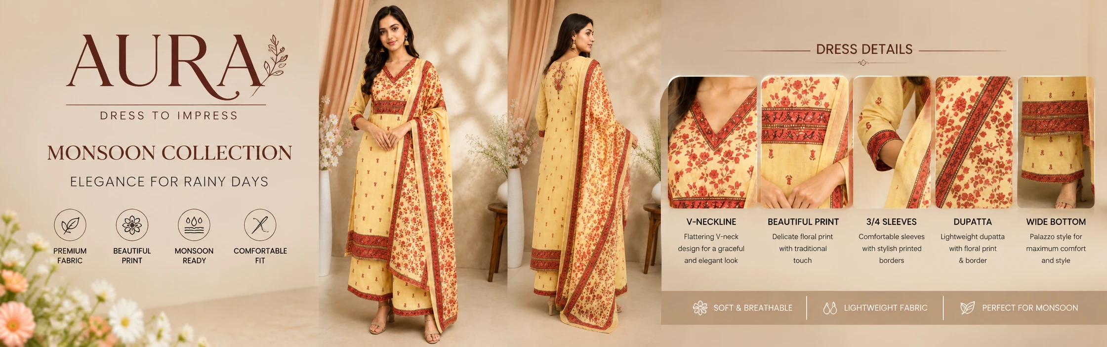 Aura Women's Cream Floral Printed Kurta Palazzo Set with Dupatta