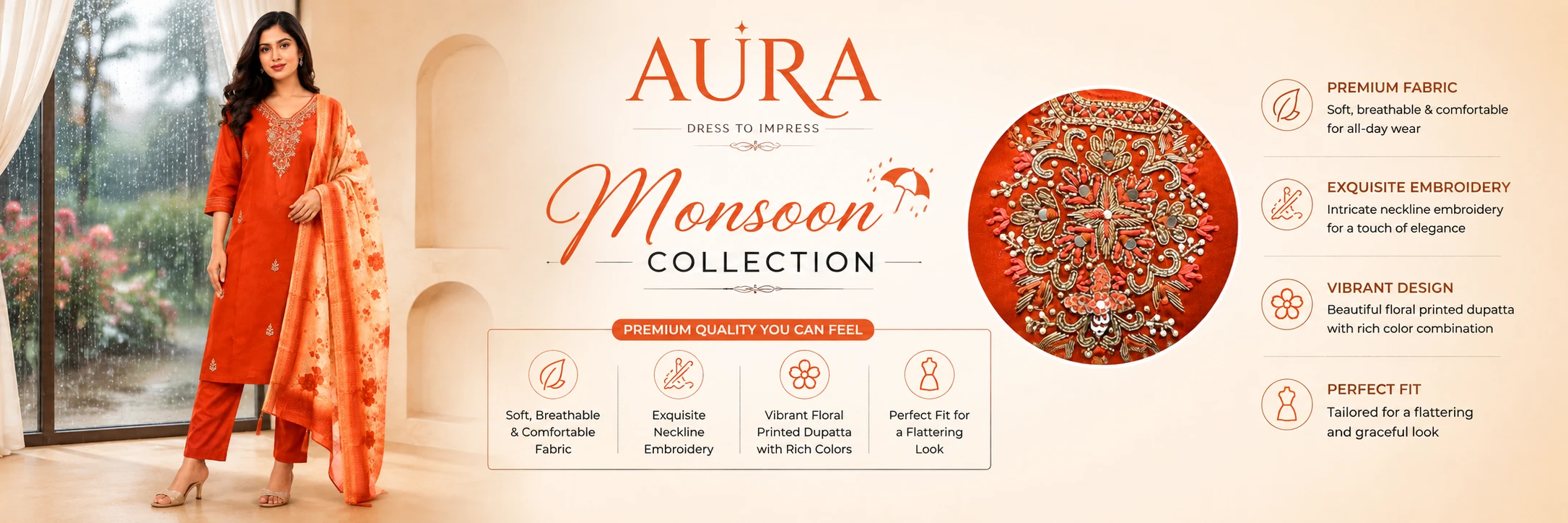 Aura Premium Rust Orange Embroidered Kurta Pant with Floral Jacquard Dupatta Set