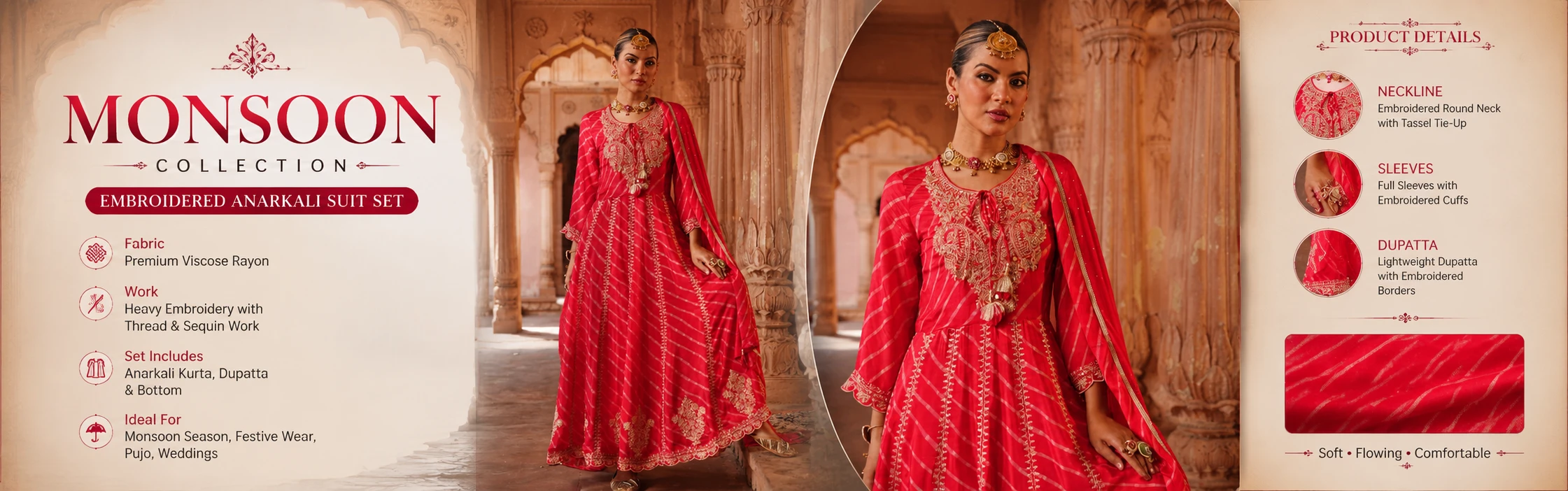 Women's Red Leheriya Embroidered Anarkali Gown with Dupatta