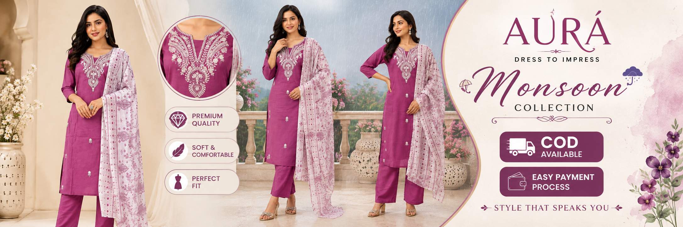 Purple Embroidered Cotton