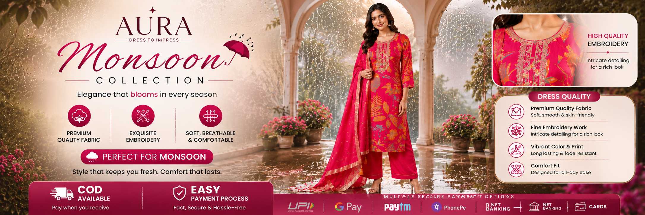 AURA Pink Floral Embroidered Kurti Set