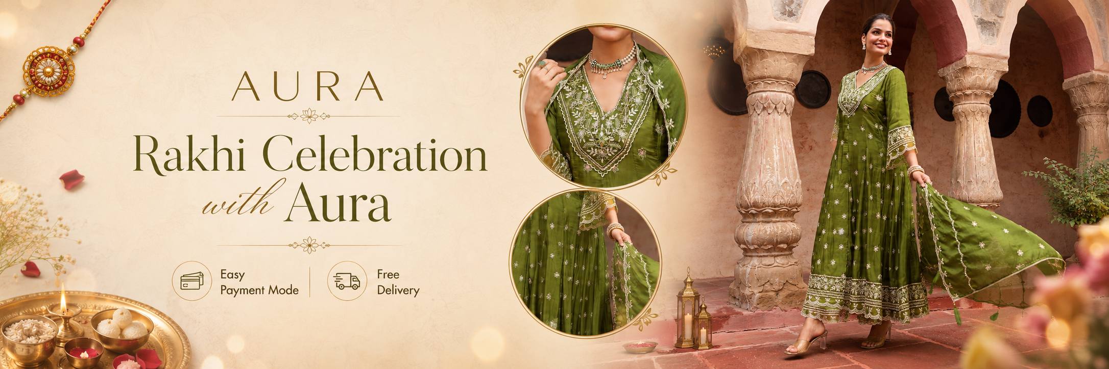 AURA Mehreen Olive Green Embroidered Kurta Set with Dupatta