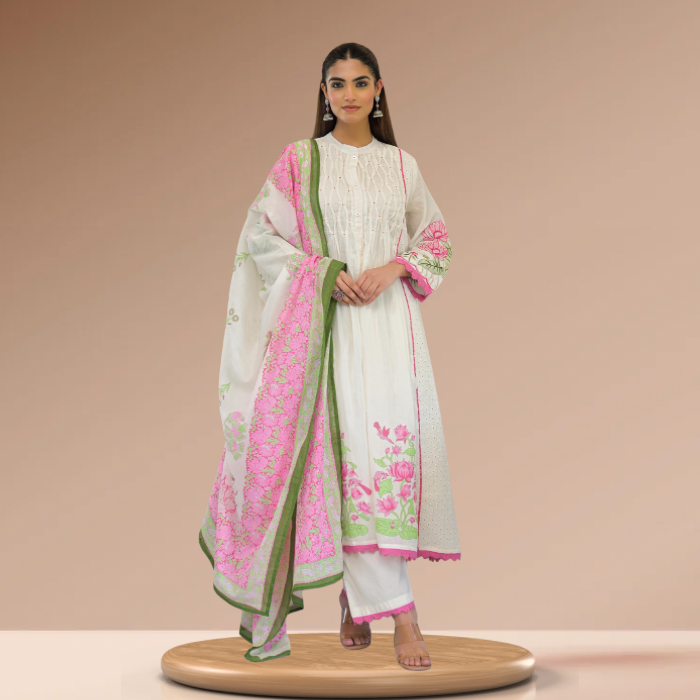 White Floral Cotton Kurti Set with Dupatta