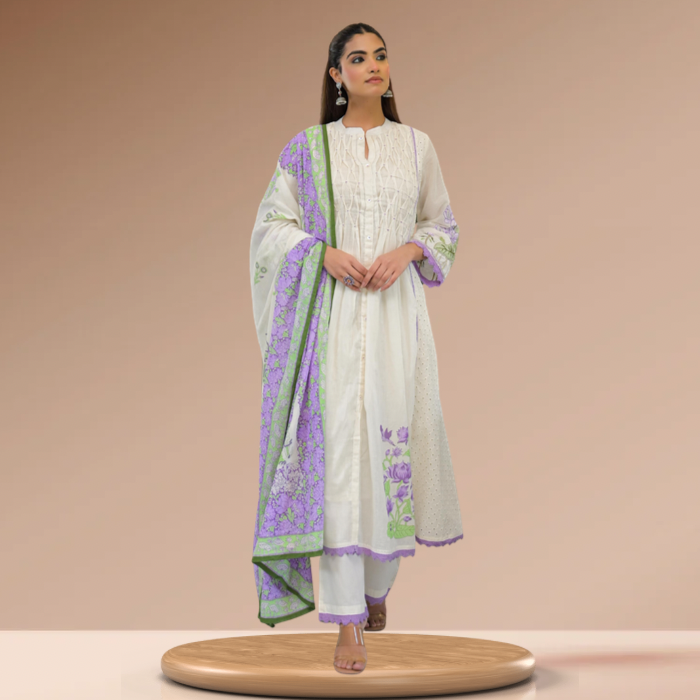 White Floral Lavender Cotton Kurti Set with Dupatta