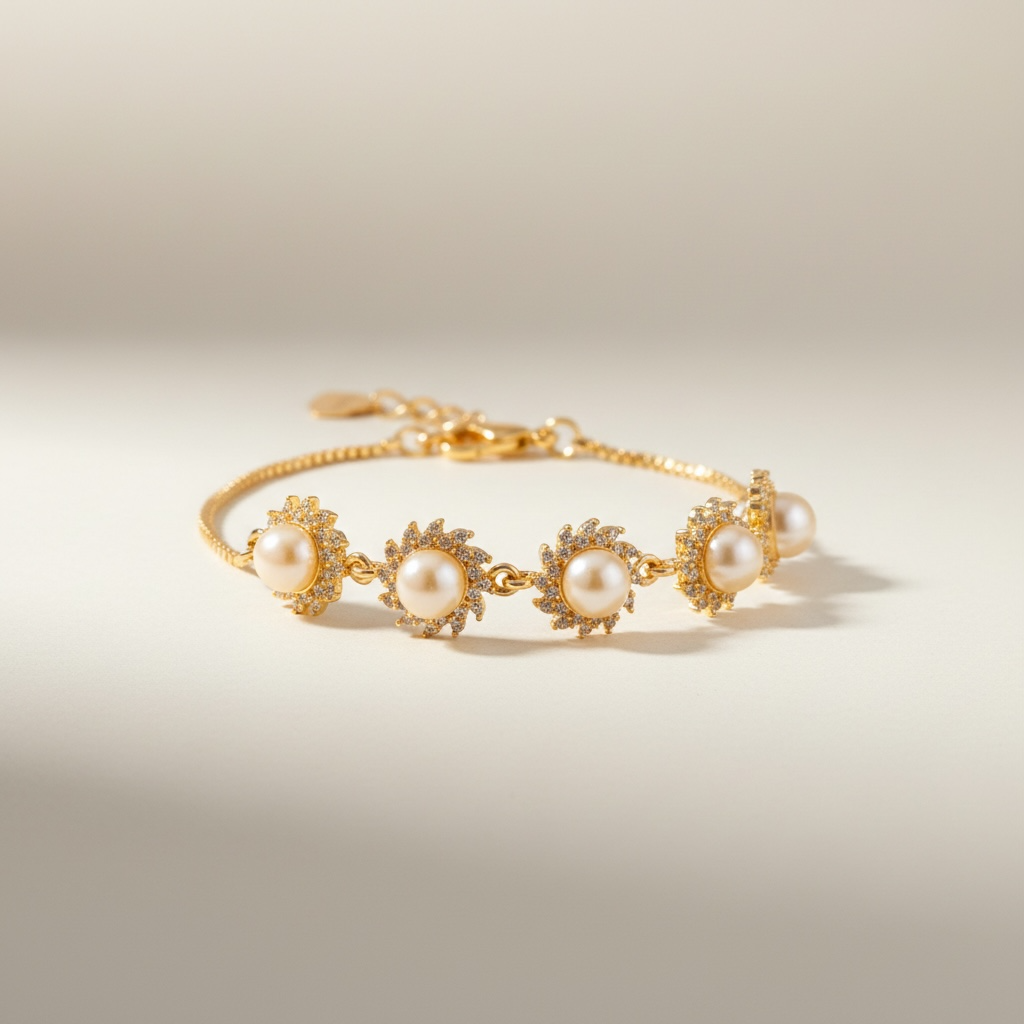 Gold Pearl Floral Crystal Bracelet