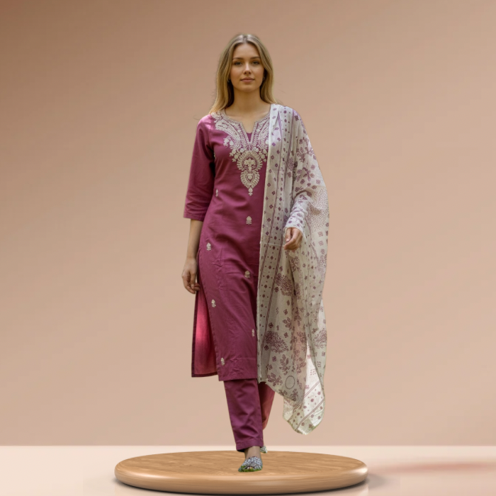 Purple Embroidered Cotton Kurti Set with Dupatta
