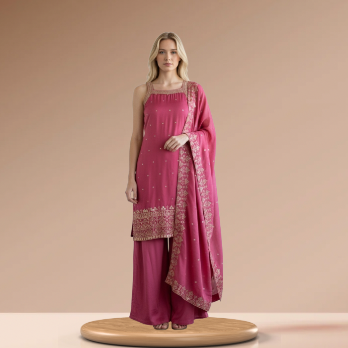 Pink Embroidered Kurti Set with Sharara & Dupatta