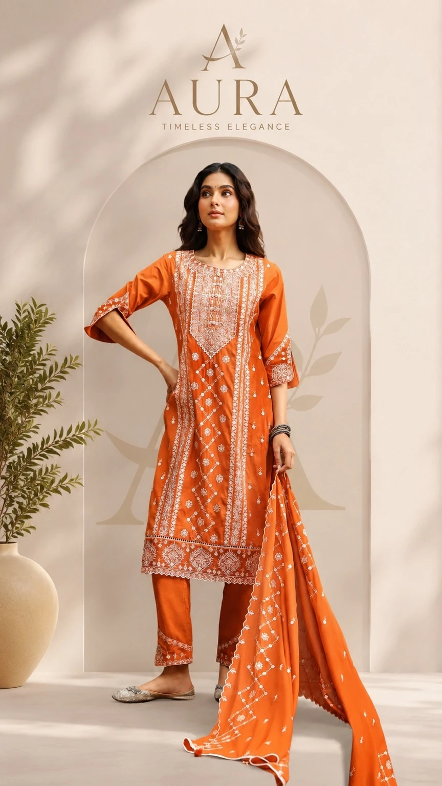 Orange Embroidered Cotton Kurta Set with Dupatta