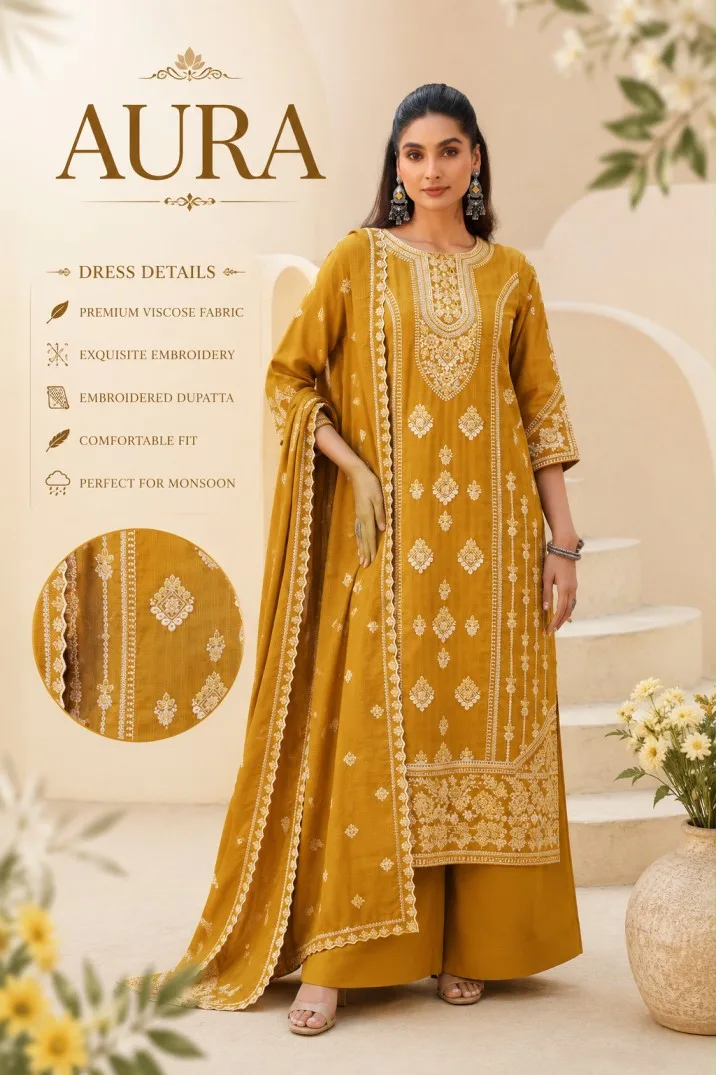 AURA Women's Mustard Embroidered Kurta Palazzo Set with Dupatta
