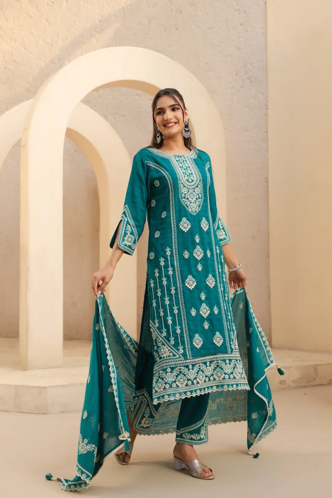 AURA Teal Embroidered Premium Kurta Pant Dupatta Set