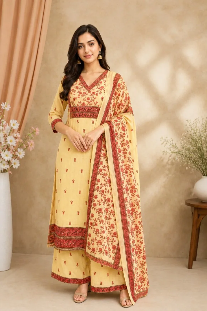 Aura Women's Cream Floral Printed Kurta Palazzo Set with Dupatta
