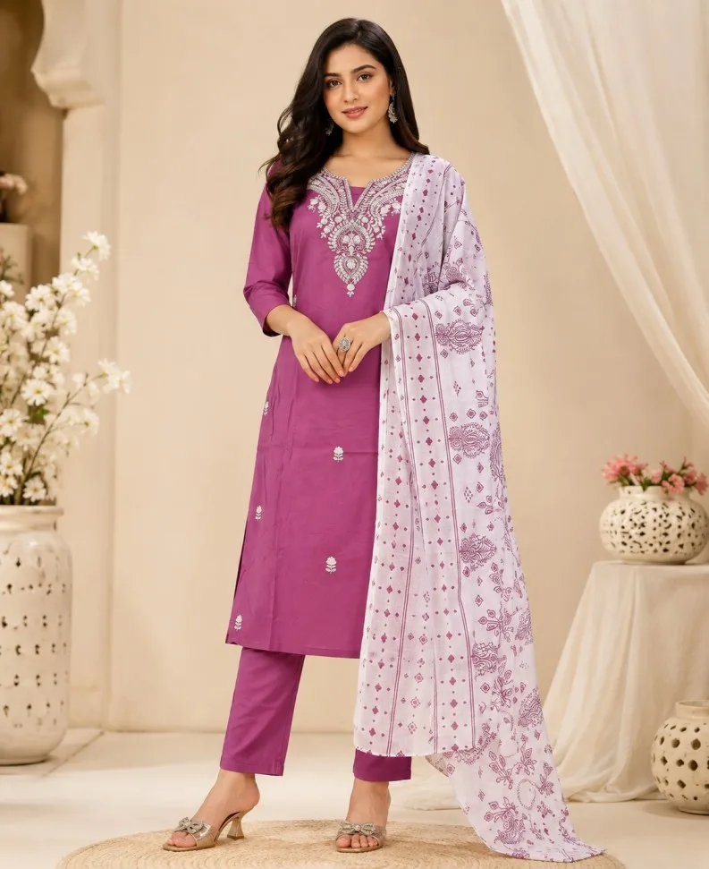 Purple Embroidered Cotton Kurti Set with Dupatta