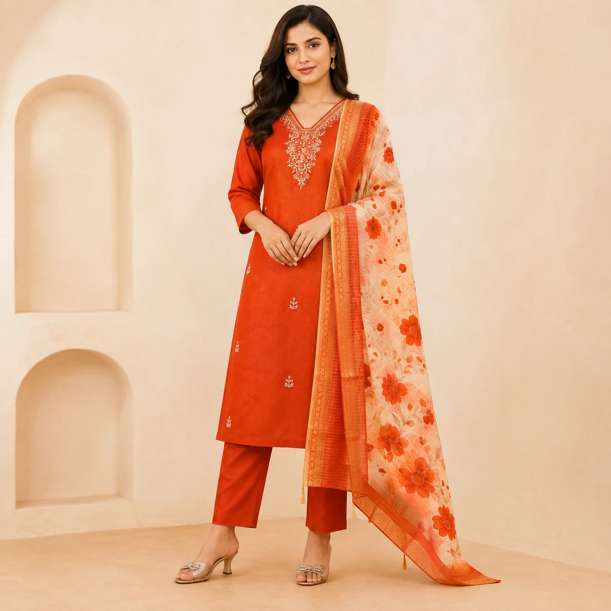 Aura Premium Rust Orange Embroidered Kurta Pant with Floral Jacquard Dupatta Set
