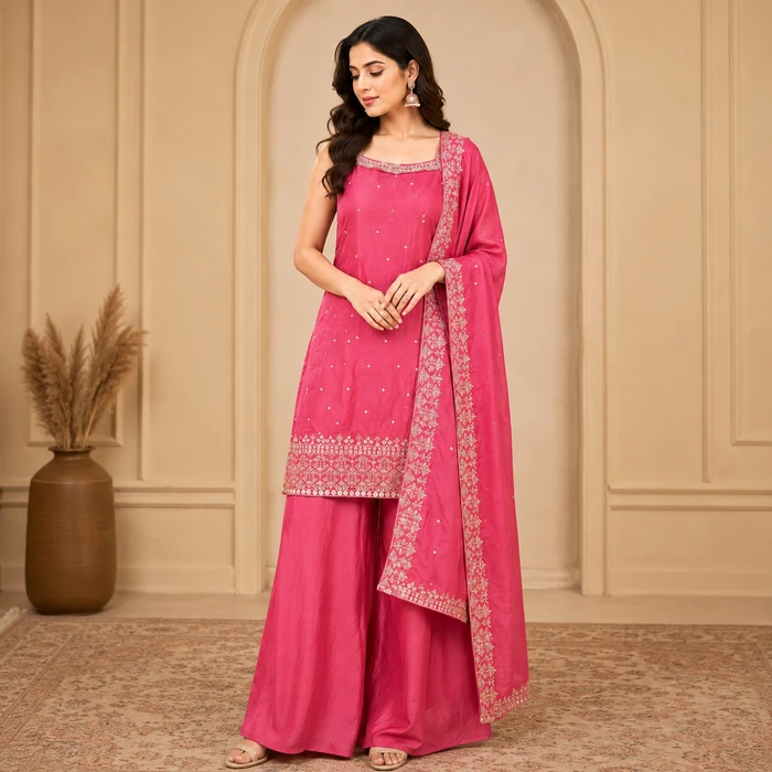 Pink Embroidered Kurti Set with Sharara & Dupatta