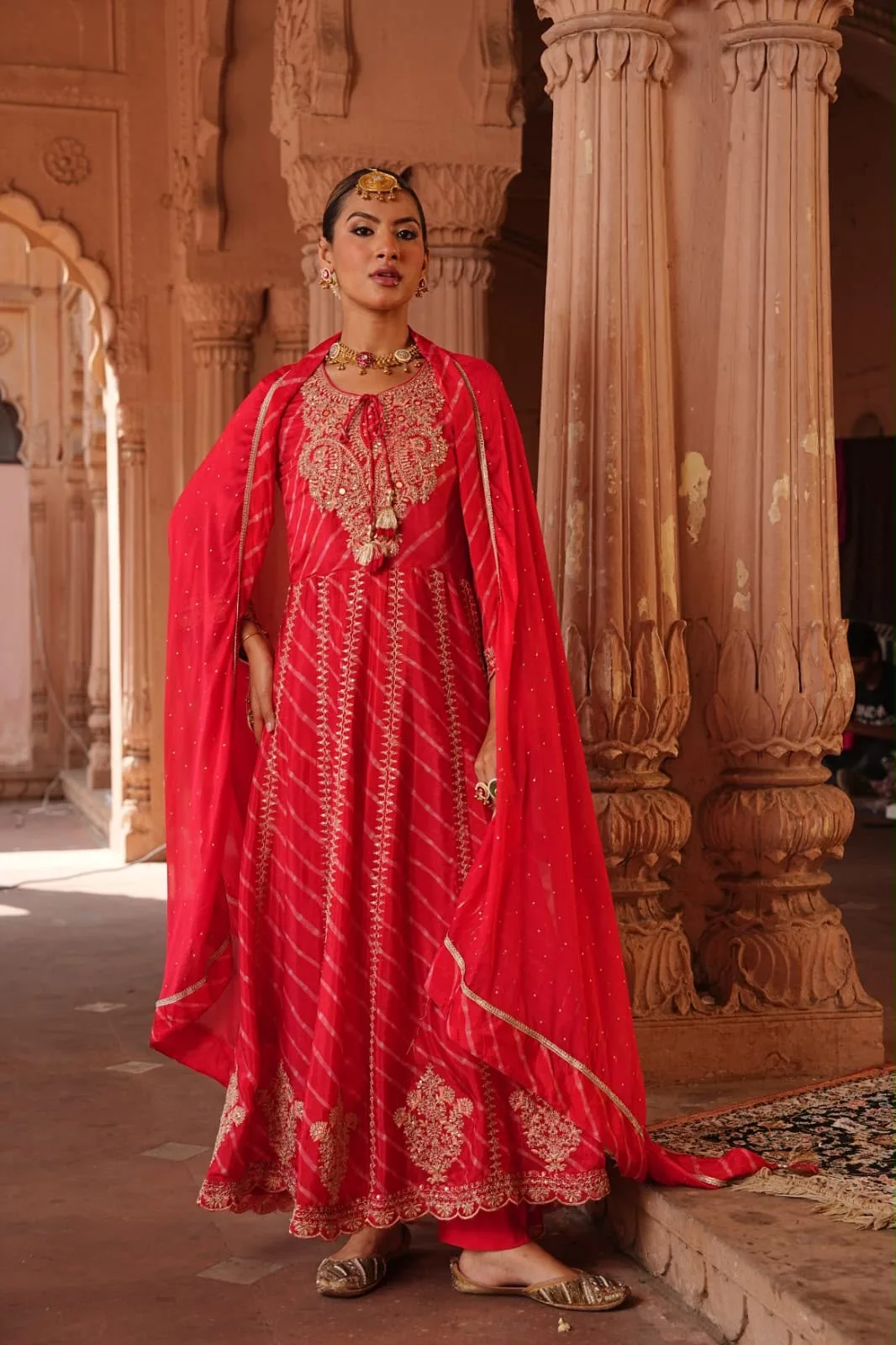 Women's Red Leheriya Embroidered Anarkali Gown with Dupatta