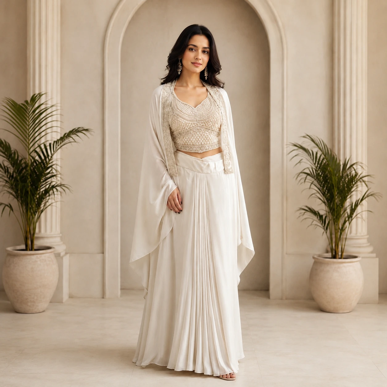 Aura White Beaded Pearl Embroidered Lehenga Set with Cape