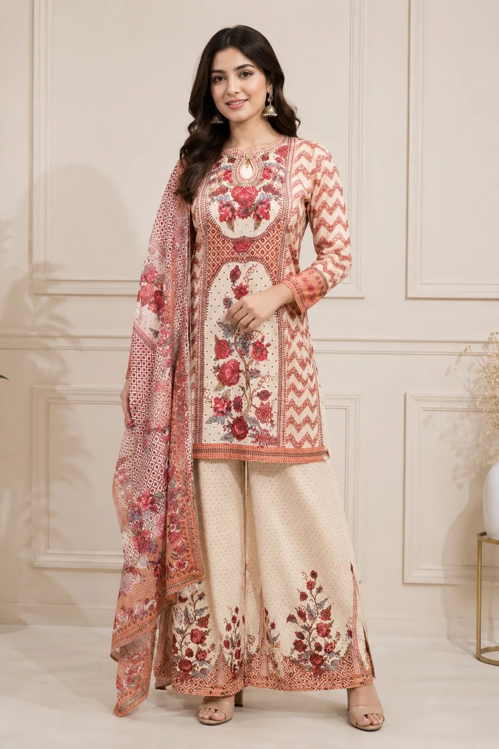 Aura Women's Beige Floral Printed Kurta Palazzo & Dupatta Set