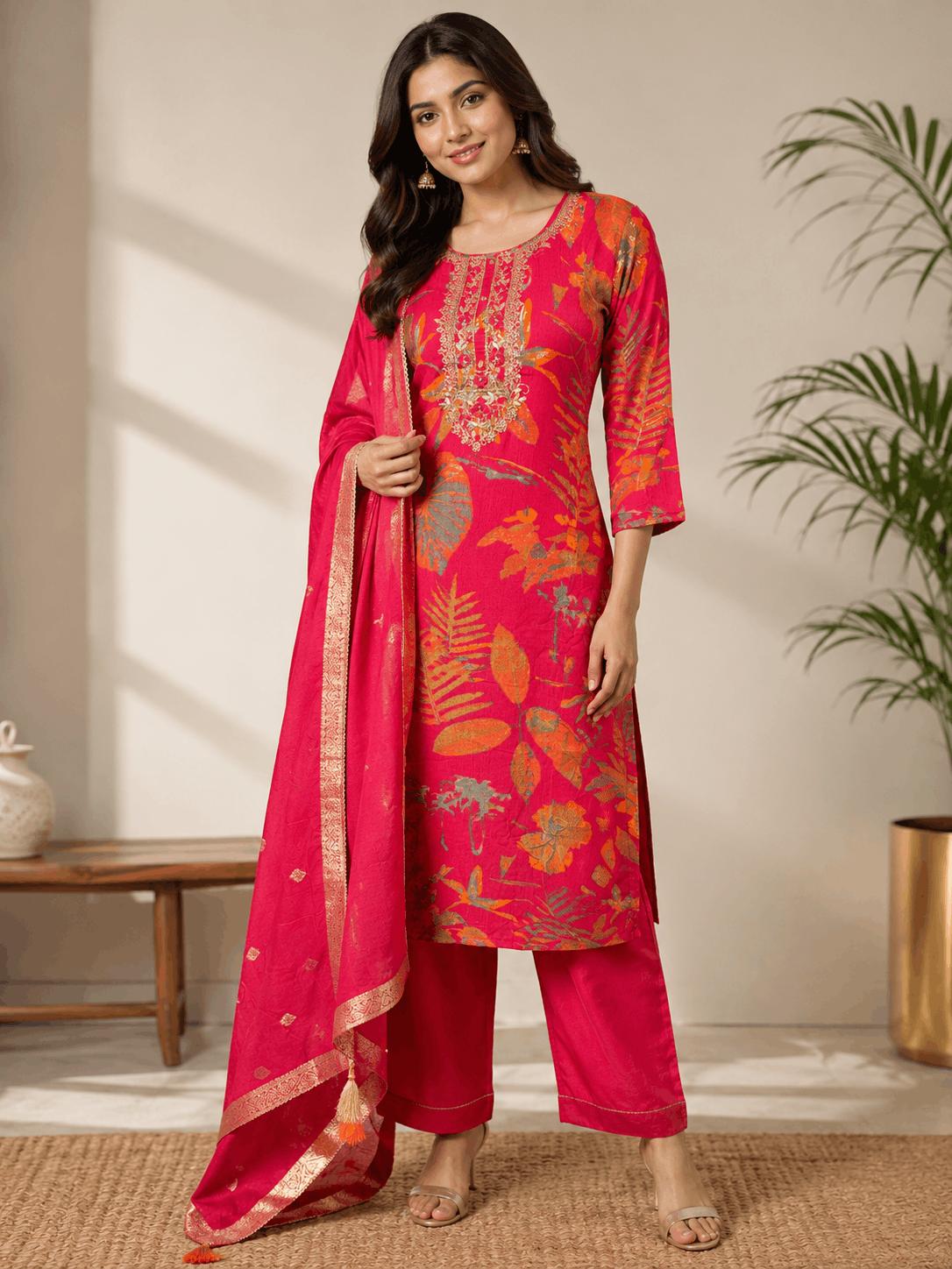 AURA Pink Floral Embroidered Kurti Set