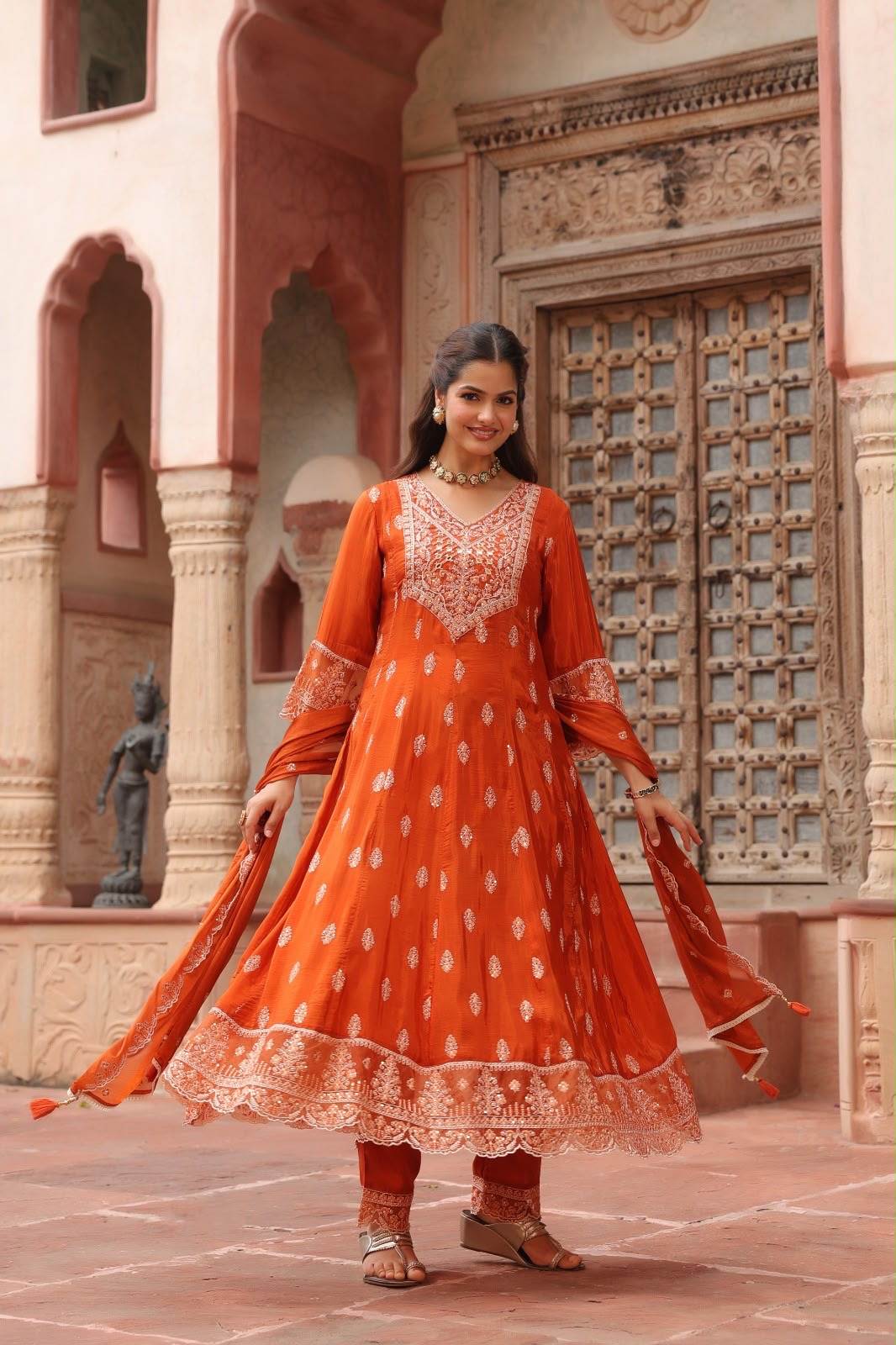 AURA Women Orange Embroidered Anarkali Kurta Set with Dupatta