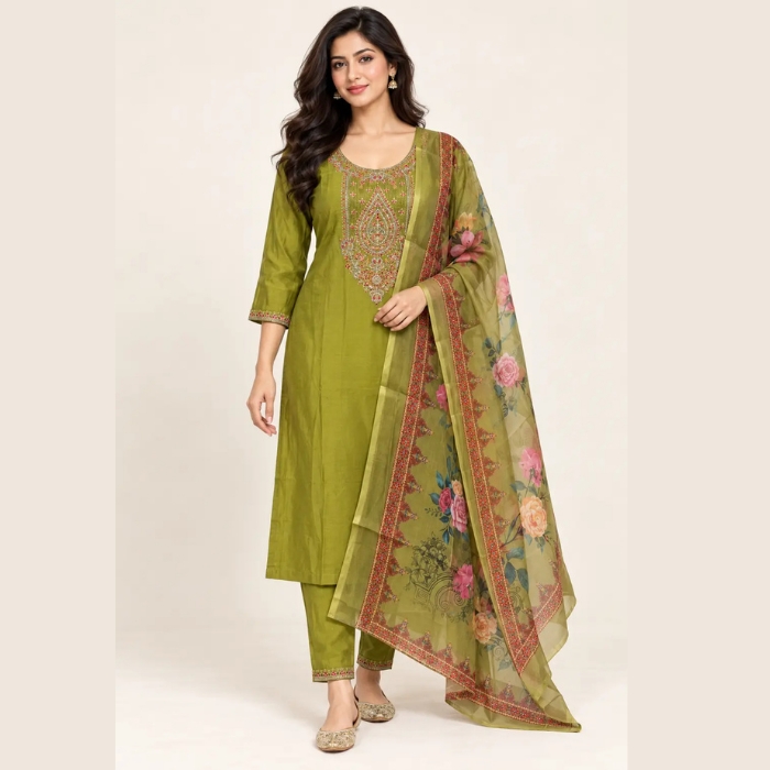 AURA Olive Green Embroidered Kurta Set with Floral Dupatta
