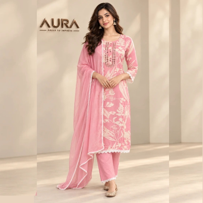 Women’s Pink Botanical Print Kurta Set with Mirror Work