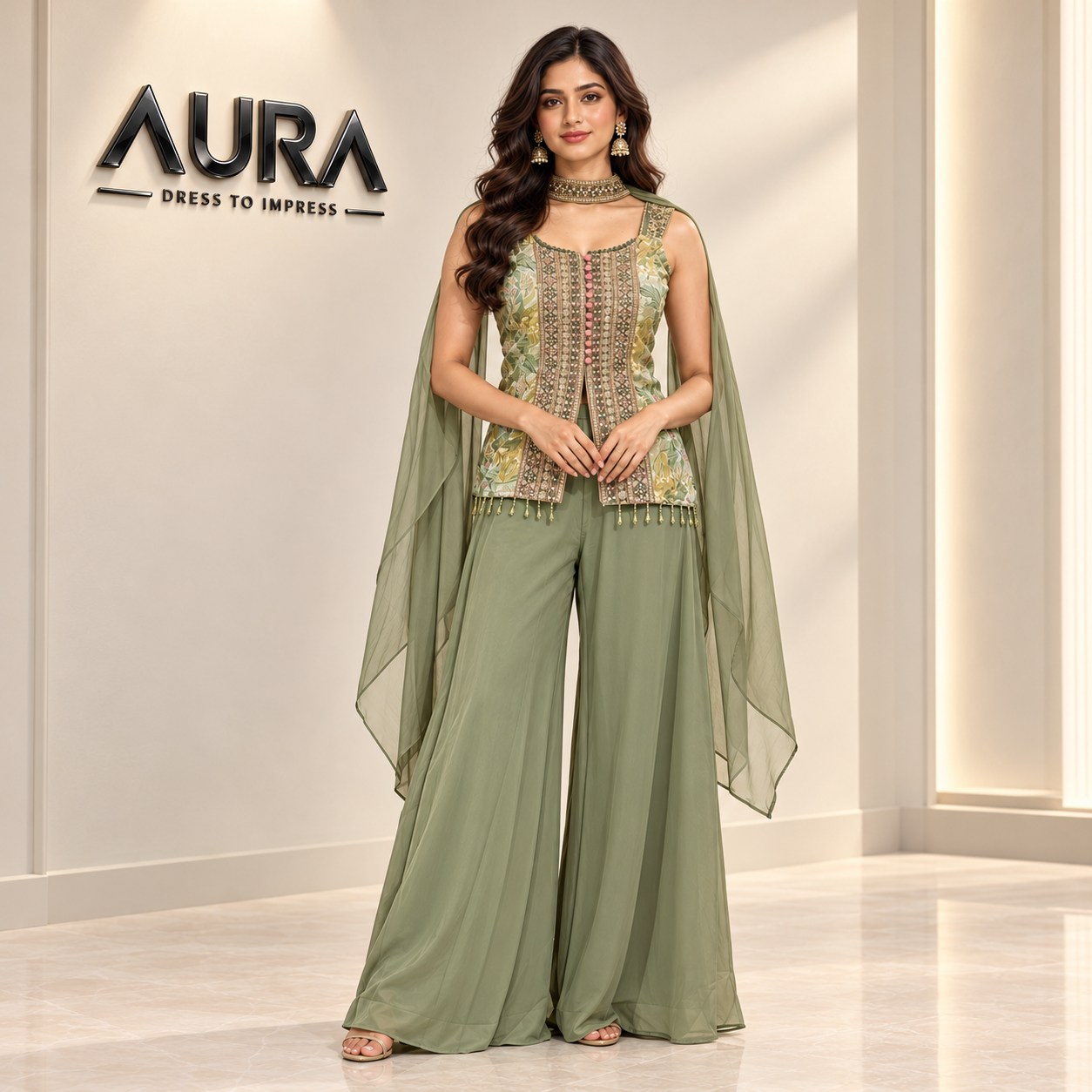 Women’s Sage Green Floral Printed Embroidered Set with Dupatta