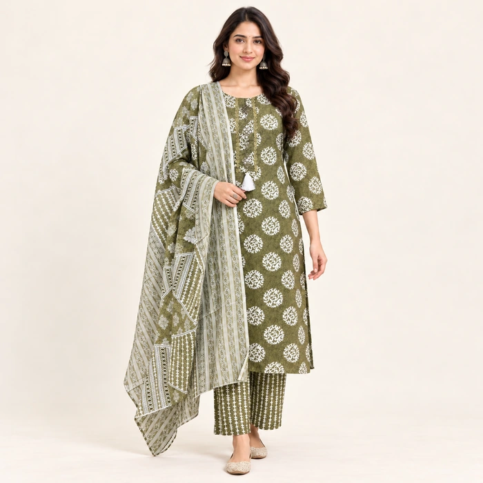 Women’s Olive Green Printed Kurta Set with Pant & Dupatta